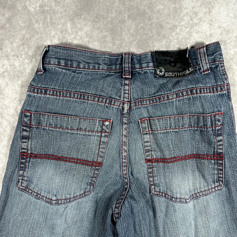 Southpole Mens Baggy Denim Shorts Blue Red Stitch Y2K Hip Hop Skater Jorts 30x14
